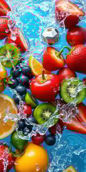 Fresh fruits splashing in water create a vibrant and colorful display showcasing nature's bounty photo