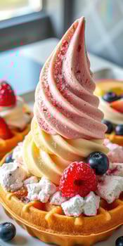 Creamy ice cream swirl atop a freshly baked waffle adorned with berries and whipped cream in a cozy cafe photo