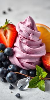Delicious soft serve ice cream swirl topped with fresh strawberries, blueberries, and orange slices on a white surface photo