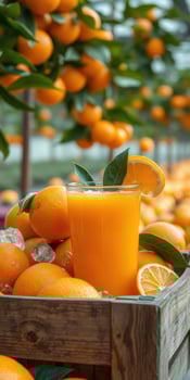 Freshly squeezed orange juice surrounded by ripe oranges in a sunny grove photo