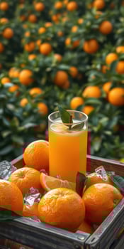 Refreshing orange juice served with fresh oranges in a vibrant orchard on a warm day in late summer photo