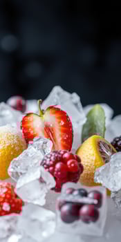 Fresh fruits arranged on ice with a black background creating an enticing summer display of color and texture photo