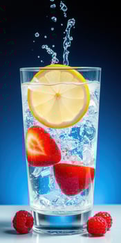 Refreshing citrus and berry drink in a tall glass with splashes and ice cubes photo