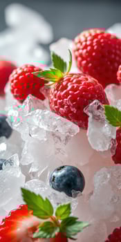 Fresh raspberries and blueberries on crushed ice with mint leaves for a refreshing summer treat photo
