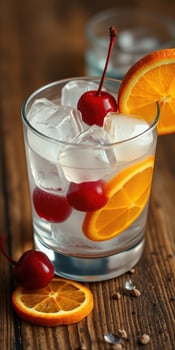 Refreshing drink with ice, cherries, and orange slices served in a glass on a wooden table photo