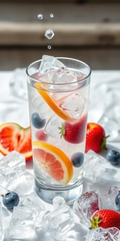 Refreshing summer cocktail with ice and fresh fruit garnished in a clear glass photo