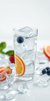 Refreshing summer drink with citrus fruit and ice on a bright background photo