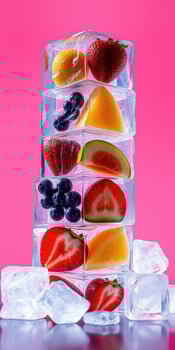 Fresh fruit and ice stacked against a vibrant pink background showcasing a colorful summer arrangement photo