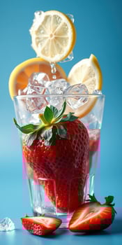 Refreshing strawberry drink with ice and lemon slices served in a clear glass against a blue background photo