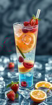 Refreshing summer cocktail with fresh fruits served over ice in a glass photo