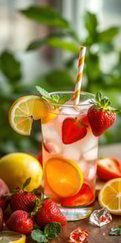 Refreshing fruit cocktail with strawberries and citrus served in a glass photo