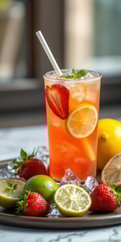 Refreshing fruit cocktail with lime, lemon, and strawberries served on a marble table photo