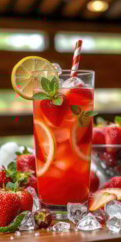 Refreshing summer drink with strawberries and lemon served in a tall glass garnished with mint photo