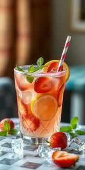 Refreshing summer cocktail with strawberries, lemon, and mint served in a clear glass on a table with ice cubes photo