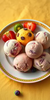 Colorful assortment of ice cream scoops on a decorative plate with fresh fruits photo