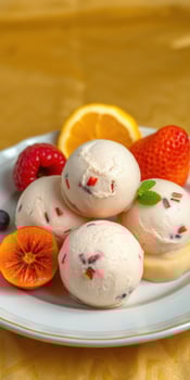 Colorful assortment of ice cream scoops served with fresh fruit on a decorative plate during a summer gathering photo