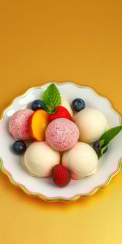 Colorful fruit sorbet served on an elegant plate with fresh berries and mint leaves photo