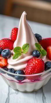 Delicious soft serve dessert topped with fresh strawberries, blueberries, and mint leaves in a glass bowl photo