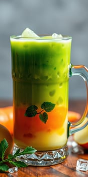 Refreshing layered drink with vibrant colors served in a clear glass on a wooden table photo