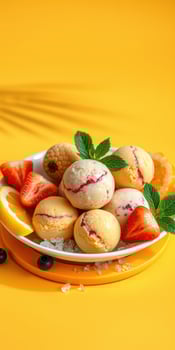 Colorful dessert bowl with assorted ice cream scoops and fresh fruits on a vibrant yellow background photo