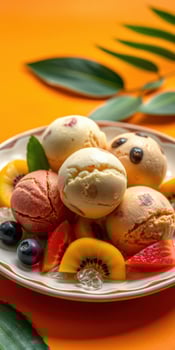 Delightful dessert featuring three scoops of ice cream accompanied by fresh fruit on a vibrant orange background photo