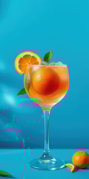 Bright cocktail with orange garnish in elegant glass against a blue background photo