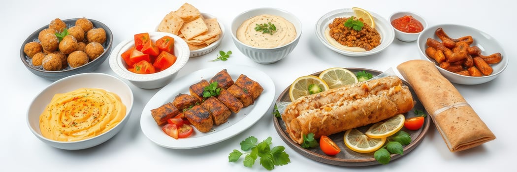 Delicious assortment of Middle Eastern dishes served on a table with fresh ingredients and traditional accompaniments photo