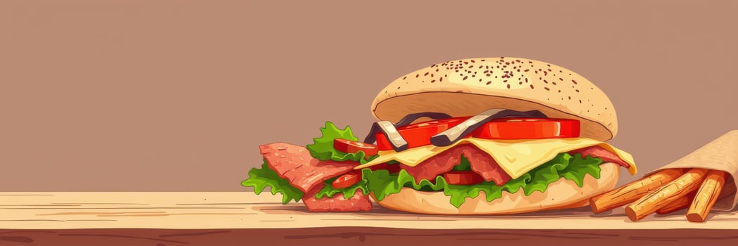 Mouthwatering burger with fresh ingredients and crispy fries served on wooden table photo
