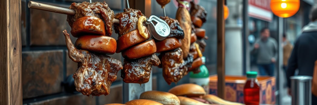 Street vendors serve skewered meats and fresh bread in a bustling market during the evening hours photo