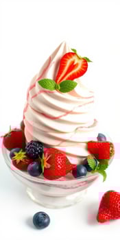Creamy berry swirl dessert topped with fresh strawberries and mint leaves on a white background photo