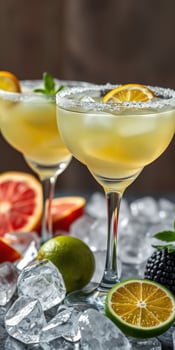 Refreshing citrus cocktails served in elegant glasses on a bed of ice with fresh fruits photo