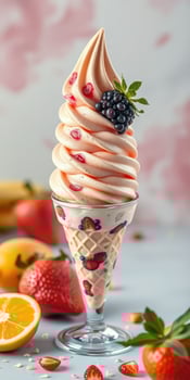 Frozen dessert with swirls of berry and cream topped with fresh fruits on a pastel background photo