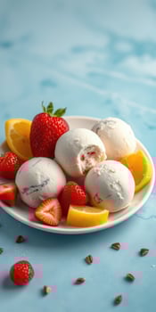 Delicious assortment of ice cream balls served with fresh strawberries and lemon slices on a blue background photo