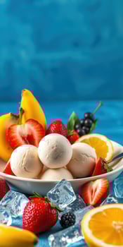 Delicious ice cream dessert served with fresh fruits on a vibrant blue background photo