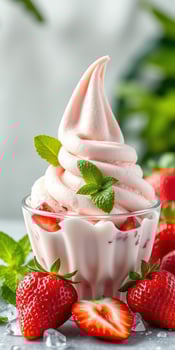 Delicious strawberry soft serve dessert served in a glass cup garnished with fresh mint leaves photo