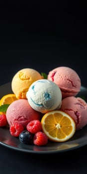Colorful scoops of ice cream with fresh fruit on a black plate create a delightful dessert arrangement photo
