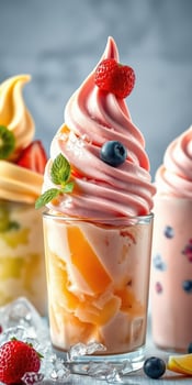 Tempting swirl of strawberry and blueberry soft serve ice cream in a glass with fresh fruit topping photo