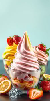 Delicious soft serve ice cream topped with fresh strawberries and citrus fruits in vibrant bowls created at a summer gathering photo