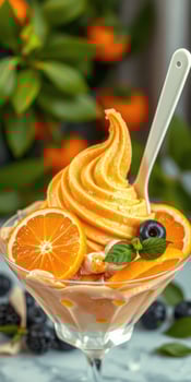 Delicious orange swirl dessert served in a clear glass with fresh fruits and mint leaves photo