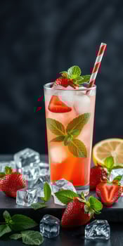 Refreshing strawberry mint drink served with ice and lemon at a summer gathering in a cozy atmosphere photo