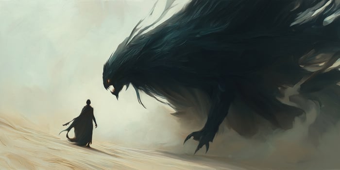 A man standing in front of a giant black bird photo