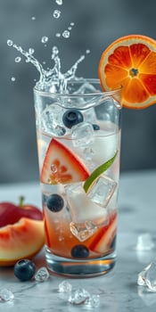 Refreshing fruit drink with ice cubes and splash captured in vibrant detail photo