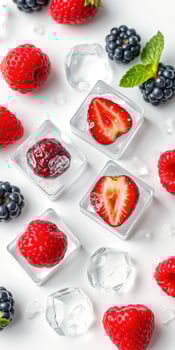 Fresh berries and ice cubes arranged creatively on a white surface for a refreshing summer vibe photo