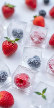 Refreshing ice cubes with fruits frozen inside create a colorful and appealing display for summer drinks and desserts photo