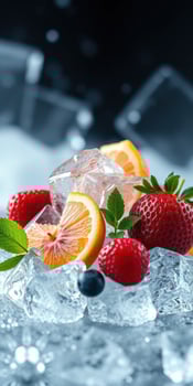 Fresh fruit arrangement with ice featuring strawberries and oranges, perfect for summer beverages and desserts photo