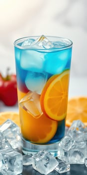 Refreshing blue cocktail with ice and citrus slices served in a tall glass photo