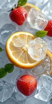 Refreshing mix of lemon and strawberries garnished with ice cubes on a bed of crushed ice photo
