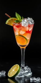 Refreshing summer cocktail with citrus garnishes and ice served in elegant glass photo
