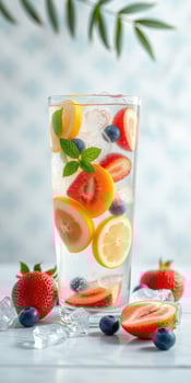 Refreshing summer beverage filled with fresh fruits and ice garnished with mint leaves photo