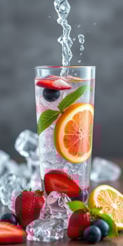 Refreshing summer beverage with fresh fruits and sparkling water on a wooden table photo